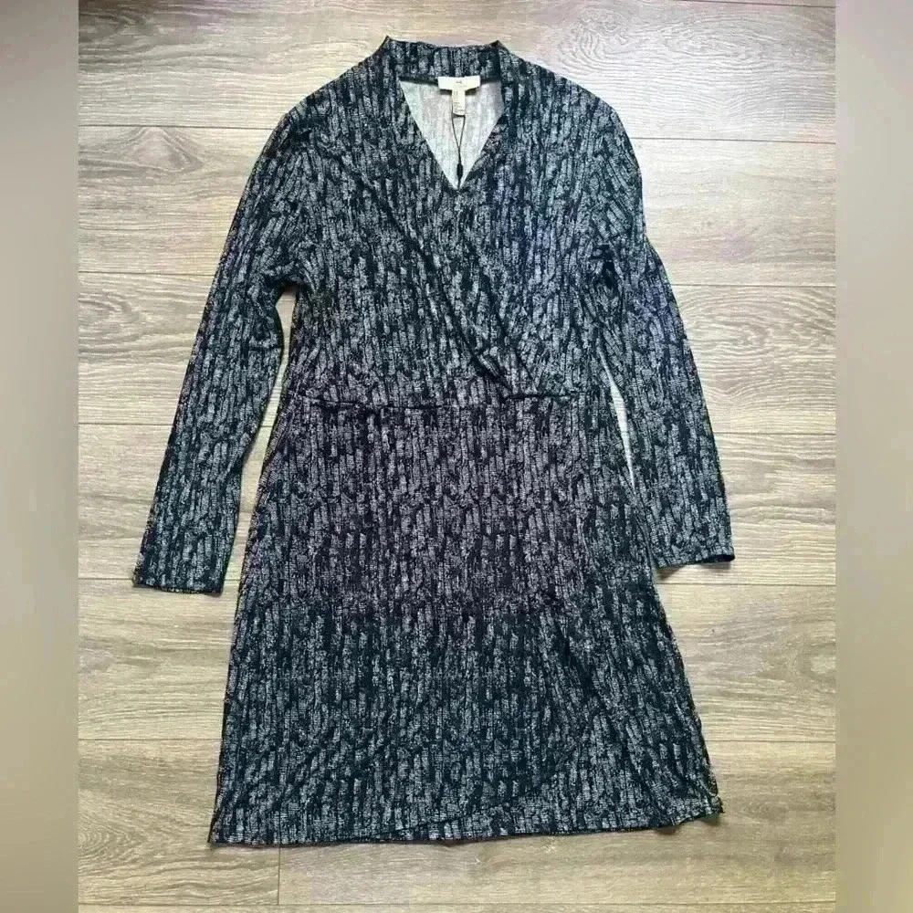 NEW H Halston Blue Print Long Sleeve Faux Wrap Midi Dress Size M Career Work